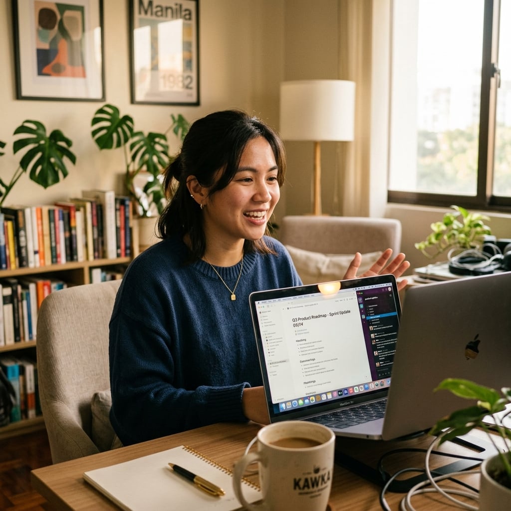 Filipino specialist recording a Loom async update inside Slack Notion and HubSpot workspace